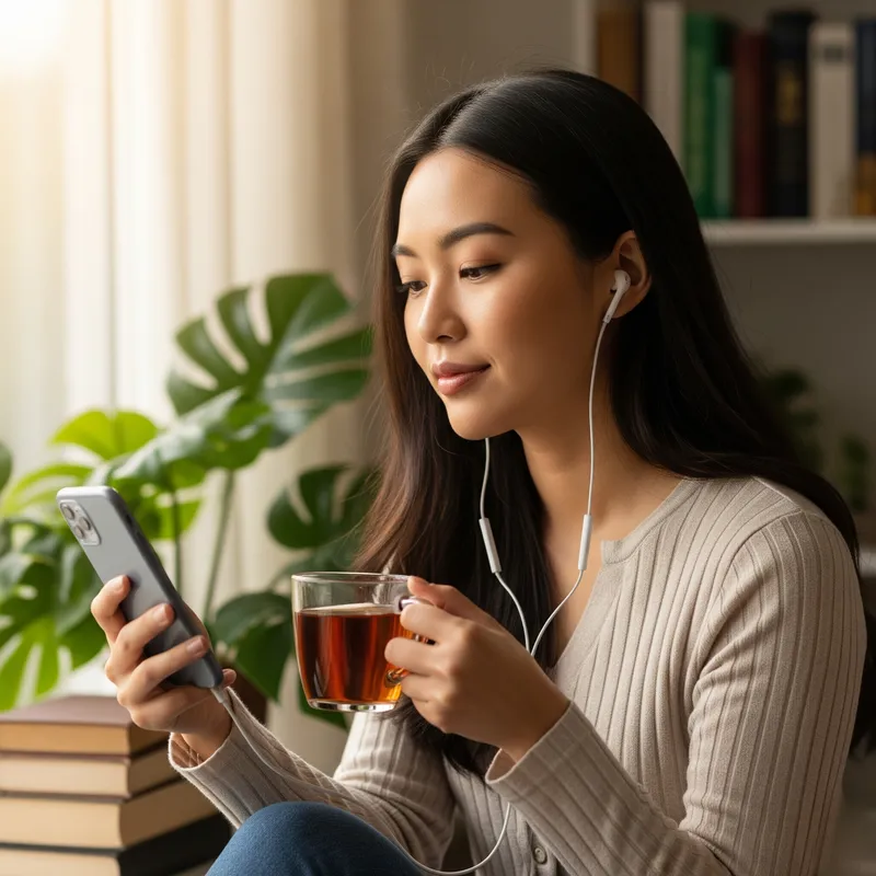 Ilustración de una persona escuchando contenido de podcast de Mente360 en su teléfono móvil